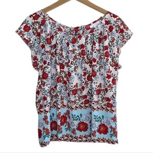 LC Lauren Conrad | Red Floral Pleated Neckline Tie Back Blouse Size Medium